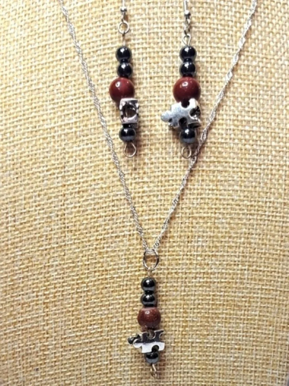 Hand Crafted Autism Red Jasper and Hematite Beads Earring and Necklace Set - Picture 3 of 7